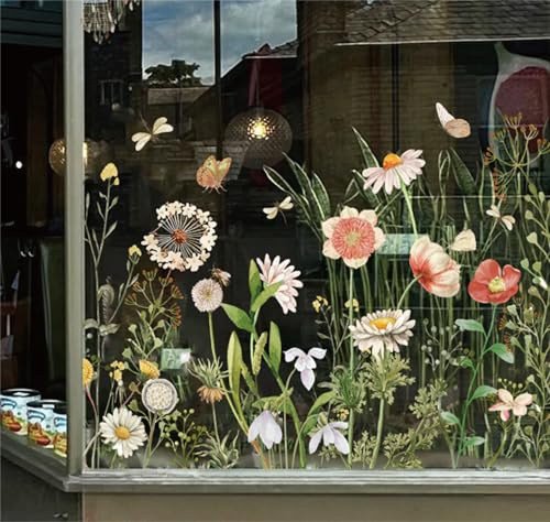 FYSUIMU Wildflower Shop Window Clings Vintage Spring Floral Reusable Window Decal Border for Retail Storefront Business Display Cafe Store Decor