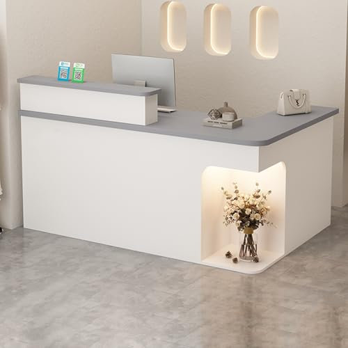 Moderner kleiner Empfangstresen-Schreibtisch für Büro, Verkauf, Kasse, Messe, Bar, mit Möbelregal, Präsentationsständer, Arbeitsplatte, Weiß, Schwarz, Grau, Holzfarbe (O1)