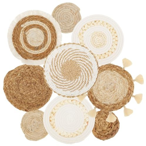 AMENGJ Wanddeko Rund 9er-Pack Wandkörbe-Set, rund, Seegraskorb, Wandkunst, attraktives hängendes gewebtes Wandkorb-Dekor, Exquisite Handarbeit