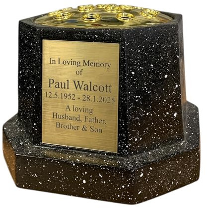 Memorial Flower Rose Bowl Vase with Personalised Brass Coloured Plaque, Black Granite Effect, Cemetery Grave Marker