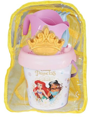 Smoby - Mochila con Cubo de Playa Princesas Disney con Tamiz, Pala, Rastrillo, Regadera y Molde -Contiene Plástico Reciclado - Juguete para Arena - A Partir de 18 Meses (7600862212)