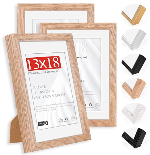 HIMEETIME® 3x Cornice Foto in Legno Quercia 13x18 cm,Passepartout 10X15cm,Cornice per foto 13x18 medie con vetro artificiale infrangibile - Montaggio a parete o esposizione da tavolo