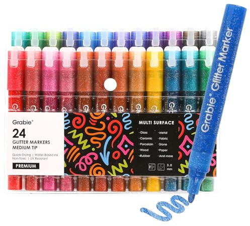 Grabie 24 Glitter Metallic Markers, 3.0mm Medium tip Glitter Acrylic Paint Markers, Quick-Drying Water-based Ink Glitter Pens for Adults, DIY Crafts Making for Glass,Metal,Ceramic,Stone,Wood,paper