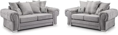 Verona Corner Sofa - Elegant 3+2 settee suite - Dual Arm Couches - Upholstered Scatter Back Sofa - Stylish Grey Fabric Settee Set for Living Room Furniture Lounge Gatherings (Grey, 3+2 Seater)