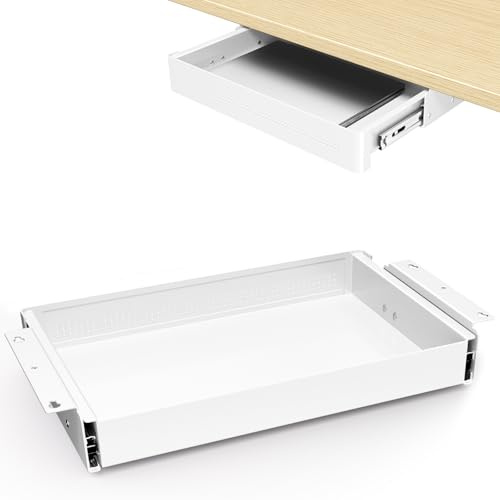 Cassetto portaoggetti sotto scrivania largo 400 mm-Organizzatore scorrevole fluido per scrivania regolabile in altezza e ufficio domestico, carico max 8 kg, scorrimento silenzioso,bianco