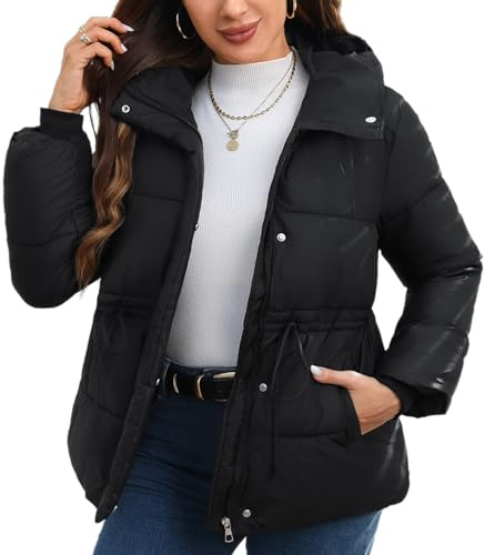 Maeau - Abrigo corto con capucha para mujer, con cremallera y cierre de presión ajustable con cordón en la cintura, para invierno M-3XL, Negro , M