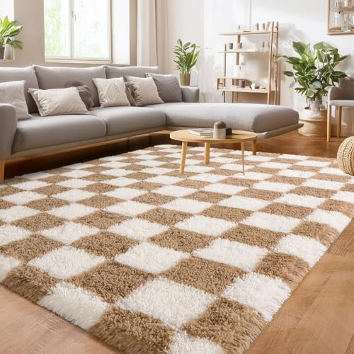 BSGIFT Hochflor Teppich Flauschig Kariert 200x300, Plüsch Teppich Shaggy Langflor für Schlafzimmer Wohnzimmer Kinderzimmer, Modern Wohnzimmerteppich Bettvorleger rutschfest, Creme und Braun