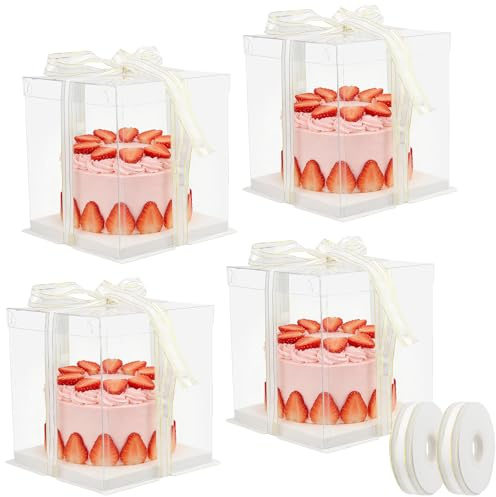 PINGEUI 4 scatole trasparenti per torte, 21,5 x 21,5 x 24 cm, scatole trasparenti per torte, a doppio strato, con base e nastro, confezione regalo in plastica trasparente per compleanni, matrimoni e