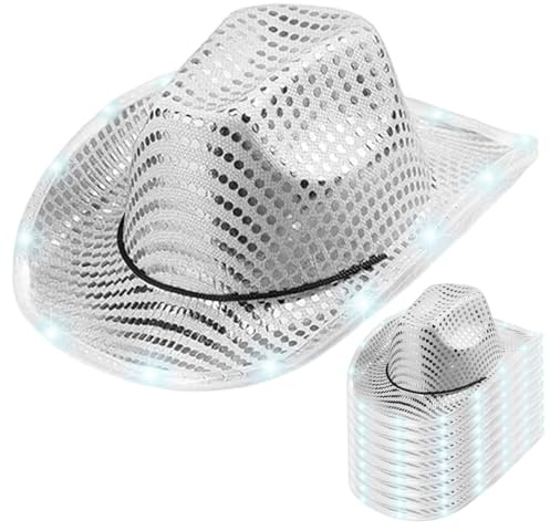 Jorzer Lys upp cowboyhatt 10 st LED silver discopaljett cowboy hatt cowgirl rollspel för bröllopsfest discohattar bulk lyser upp silver