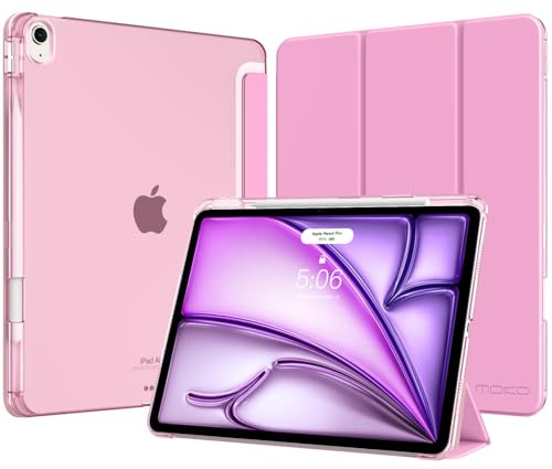 MoKo for iPad Air 13-Inch Case (M4/M3/M2) with Pencil Holder, Pink | For iPad Air 13 Case 2026/2025/2024, Light Trifold Smart Protective Cover with Hard PC Translucent Back Shell,Auto Wake/Sleep