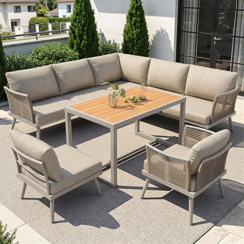 Lcoho Achtpersonen L-förmiges Gartensofa-Set mit Holztisch/Wetterfeste Eckgarnitur aus Eisen/Inkl. Sessel, Bank & Holz-Arbeitsplatte/Mit grauen Polstern (Beige, 181 x 65 x 79 cm)