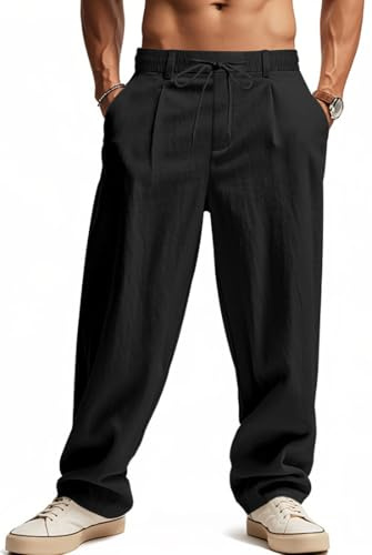 WINKEEY Pantaloni Lino Uomo Estivi Pantaloni Leggeri Baggy Eleganti con Tasche Elastico in Vita e Coulisse
