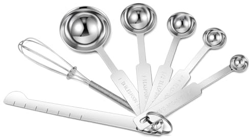 7 PCS Measuring Spoons Set Stainless Steel Metal Measure Spoons, Table Spoon Measuring Spoon for Coffee, Teaspoon Scoop, Includes 1/8, 1/4, 1/2, 1 TSP, 1 Tbsp, Leveler and Stir