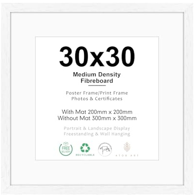 ATOBART Bilderrahmen 30x30cm MDF Weiß | Picture Frame 30x30 zum Aufhängen,Holzrahmen mit Passepartout für 20x20cm Dokumente,Zertifikate,Fotos,Poster