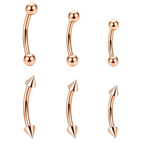 QZKJQDD 6Pcs Rose Gold Eyebrow Piercing Jewellery, Stainless Steel Curved Barbell Piercing Set, Vertical Labret Lip Bars, Eyebrow Bar for Rook Tragus Cartilage, 6/8/10mm