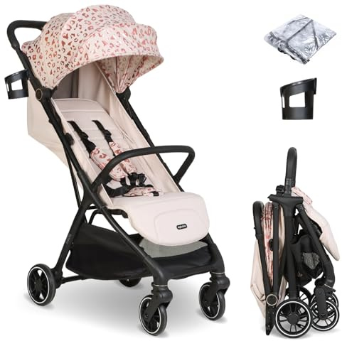 My Babiie MBX6 Autofold Stroller – from Birth to 4 Years (22kg), Foldable & Compact, Lightweight, Travel Buggy for Toddlers, Pushchair Includes Rain Cover - Pink Leopard