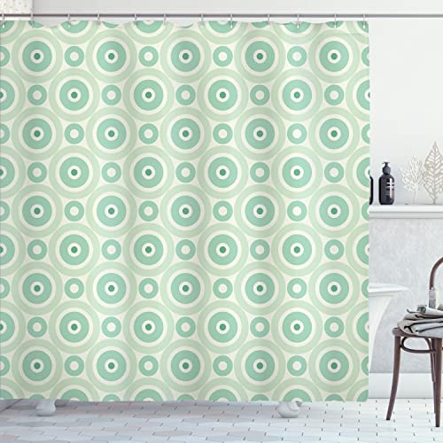 Ambesonne Mint Shower Curtain, Retro Disc Shaped Inner Circles with Nostalgic Featured Geometric Graphic, Cloth Fabric Bathroom Decor Set with Hooks, 69 W x 70 L, Seafoam Almond Green