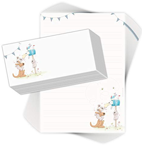emufarm Briefpapier-Set für Kinder 'POST FÜR DICH' 20 Blatt DIN A4 liniert mit 20 bedruckten Umschlägen, Weiß