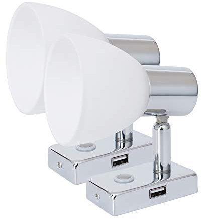 lighteu, 2X 12V 3W D1 USB Faretto a soffitto/Parete, Finitura cromata, Luce di Lettura Girevole e Girevole con Interruttore a sfioramento dimmerabile Caldo Luce Bianca/Blu per Yacht, Caravan, Camper