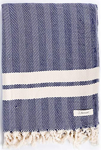 Bersuse 100% Baumwolle - Herringbone XXL Strandtuch Sofa-Überwurf - Dunkelblau