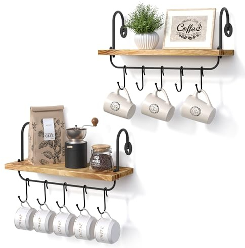 Olakee Floating Wall Shelves for Kitchen Bathroom Coffee Nook with 10 Adjustable Hooks for Coffee Mugs, Coffee Bar Organizer and Decor, Rustic Storage Shelves Set of 2