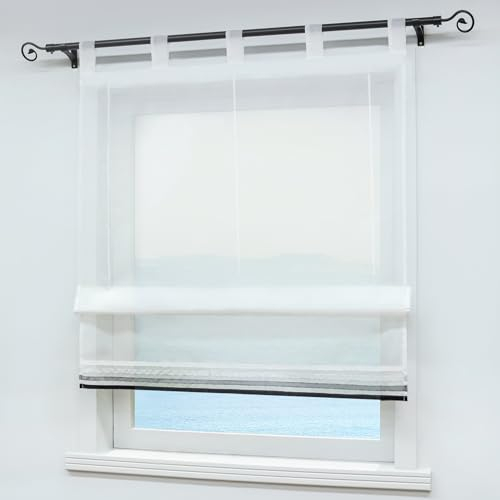 ESLIR Raffrollo mit Schlaufen Raffgardinen Gardinen Küche Transparent Schlaufenrollo mit Satinband Vorhänge Modern Voile Weiß BxH 100x155cm 1 Stück