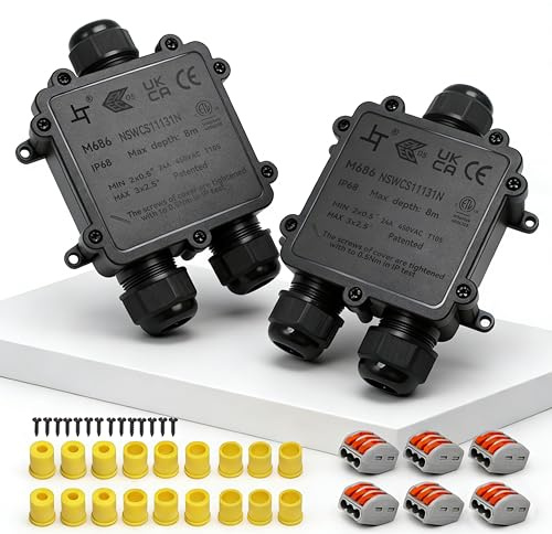3 Wege Junction Box, IP68 Abzweigdose, HUYU wasserdichte Verteilerdose, Verbindungsdose Außen, Klemmdose mit M25, Klemmen, Elektrisches Kabel Wire Connector für Ø 4mm-14mm Kabeldurchmesser, 2 Stck.