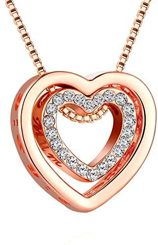 Heart Necklace for Women Rose Gold Silver Double Heart Pendant Necklace with Crystals Decorated I Love U Engraved Gift Box (Mum, I Love U)