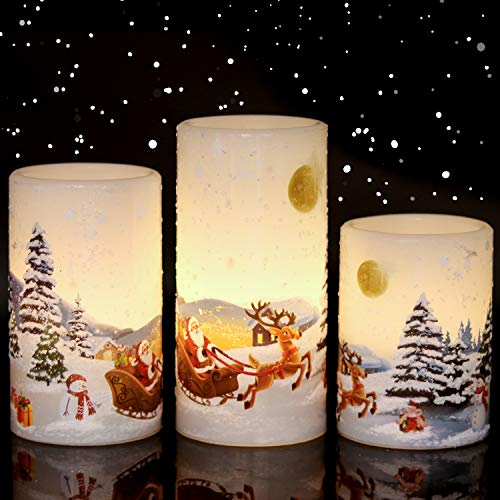 Eldnacele Christmas Flameless Candles Flickering with 6H Timer, 3 Pack Santa Claus Decal Real Wax Candles Lights LED Flames for Christmas Home Decoration Powered by 2 AA Batteries