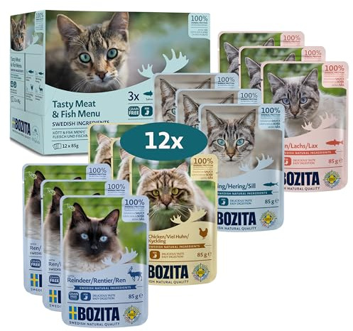 BOZITA Multibox Mixpack Lachs, Hering, viel Huhn, Rentier - Häppchen in Soße 12x85g Pouch Portionsbeutel - getreidefreies Nassfutter für erwachsene Katzen