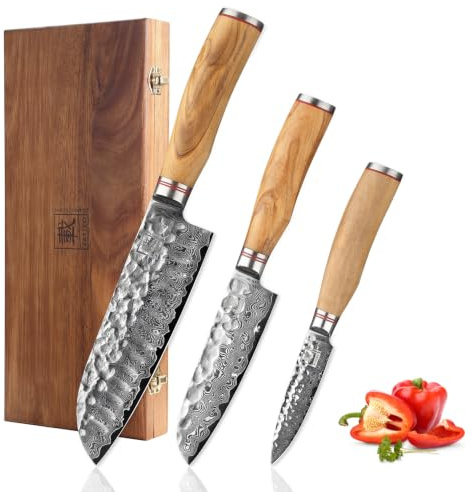zayiko Minami 3-teiliges Damastmesser-Set, 9 bis 17 cm, 67 Lagen, VG10-Kern | Santoku 17 cm, kleines Santoku 12 cm und Officemesser 9 cm mit Hammerschlag, Olivenholzgriffen und Holzbox, Härte 60 ± 2 HRC