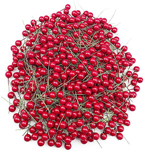 200PCS Baies de Noël Artificiel Baies de Houx Balle en Mousse de Fil de Fer Boule Rouge + Vert Tige Couronne Faire Accessoires de fête Décoration de Noël