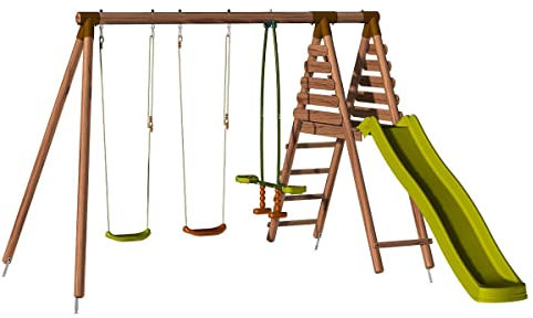 Soulet Balançoire en Bois traité 3 agrès et Toboggan Violette