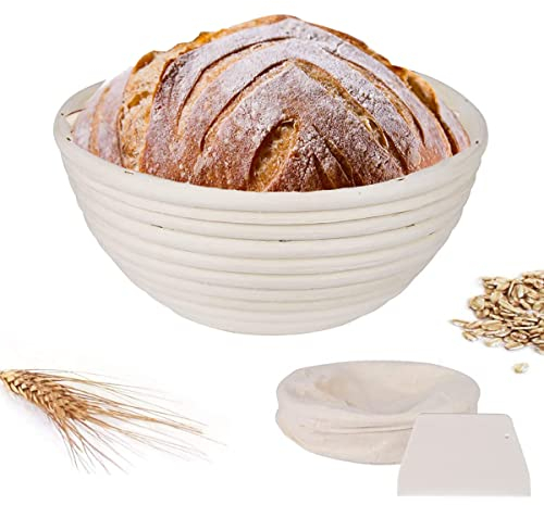 Cesta de Fermentación de Pan, Banneton, 18cm Redondo Canasta Panificadora, con Plastico Raspadores Masa + Forro de Lino, Brotform Cuenco de Ratán Natural para Pan y Masa