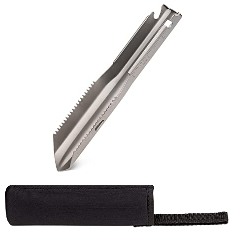 Navaris Mini Pala Campeggio Titanio - Paletta Giardino Metallo - Pala Corta Seghettata Scavo - Kit Sopravvivenza Trekking con Manicotto e Righello
