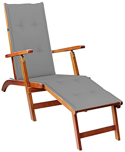 Tidyard klappbar Liegestuhl mit Fußstütze Auflage Gartenliege Deckchair Sonnenliege Gartenmöbel Liege Relaxliege Holzliege Akazienholz Massiv Grau