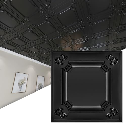 Art3d Piastrelle per soffitto a goccia, 61 x 61 cm, colore nero (confezione da 12, 4,5 m²), pannelli da incollare 2 x 2