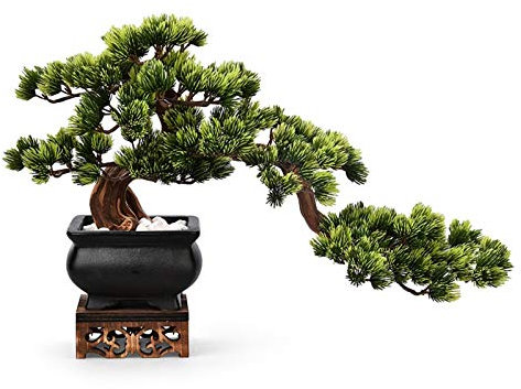 XXXXW Handmade Artificial Welcoming Pine Potted Plant with Wooden Base Zen Ornaments Living Room Hotel Entrance Artificial Bonsai Green Plant Desktop Decoration Fake Plant