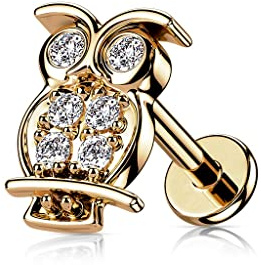 beyoutifulthings 1 Knorpel Ohr-Stecker Eule Silber Gold Roségold Pavé Zirkonia Clear Piercing-s Chirurgenstahl Schraub-Verschluss Stab 6/8-mm lang