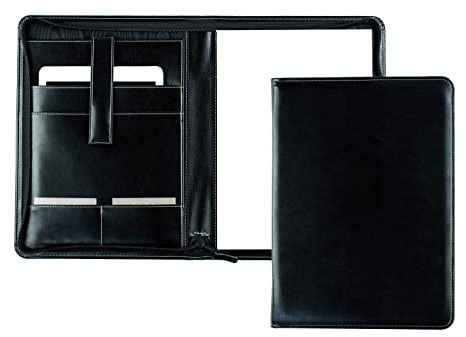 DELMON VARONE - Tablet Schreibmappe mit Reißverschluss inkl. Notizblock DIN A4 aus veganem Eco Kunstleder Schwarz - Organizer Konferenzmappe mit Stifthalter & Einsteckfach - Dokumenten-Mappe