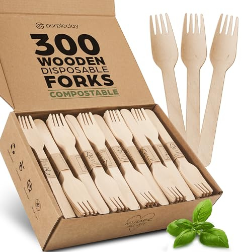 PURPLECLAY Wooden Disposable Forks (300 PCS) FSC Certified Wood Compostable Forks, Eco-Friendly Compostable Utensils for Party, Plastic-Free Wood Utensil, Bamboo Utensils Alternative, Fork for Eating
