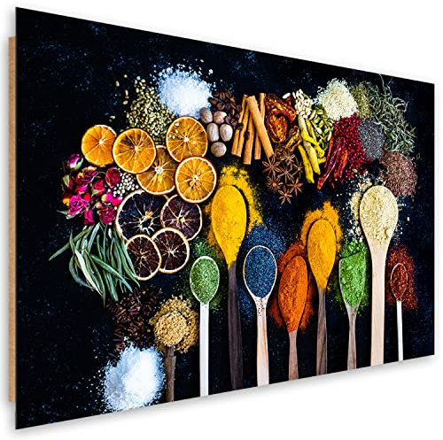 Feeby Wandbild XXL Küche Kräuter Gewürze 120x80 cm Bild 1-teilig Wandkunst Bilder Schlafzimmer Deko Wohnzimmer Löffel Pfeffer Essen Chili bunt