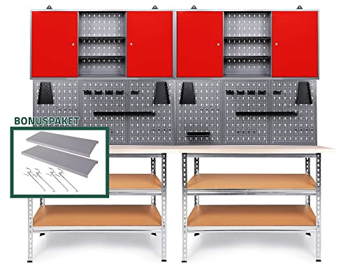 Ondis24 Werkstatteinrichtung 240 cm Werkbank Uwe, Metall, Lochwand mit Hakensortiment, 2 Werkstattschränke Arbeitshöhe 92 cm, inkl. Einlegeboden-Set