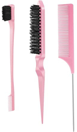 3 Packs Slick Brush Set Teasing Brush Set, Plastic Bristle Hair Brush Teasing Comb Edge Hair Brush Grooming Combs Sturdy Rat Tail Comb Double Sided Edge Brush for Women Hair Salon Hair Slicking
