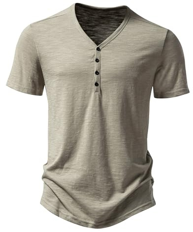 MakingDa Chemise Henley décontractée à manches courtes pour homme - Col boutonné - Pour la plage, les grands-pères, kaki, XL