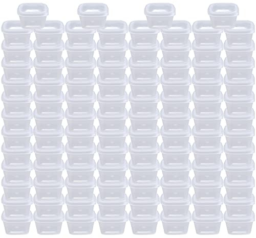 MIUPOO Quadrat Sauce Becher, Plastik Sauce Becher, transparente Sauce Bechers, mit Scharnierabdeckung, kann für alle Arten von Saucen,Quadrat 100 Sätze, 1 Unze verwendet werden.