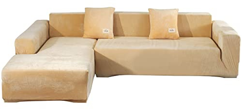 L-förmiger Sofabezug – weicher Samt-Schonbezug für 3-Sitzer + 3-Sitzer-Sektionalcouch mit 4 Kissenbezügen, Möbelschutz (Beigegelb)