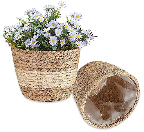 GRGO Cesta Tejida a Mano de Planta Natural - Macetas Redondas Decorativas de Flores, 2 Piezas para Decoración del Hogar