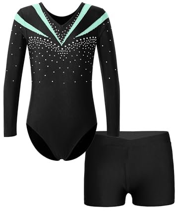 Manyakai Turnanzug Mit Shorts Kinder Mädchen Langarm Tanzkleidung Set Strass Glitzer Ballett Body Patchwork Eiskunstlauf Anzug Einfarbig Kurze Hose Dancewear Hell Grün 146-152