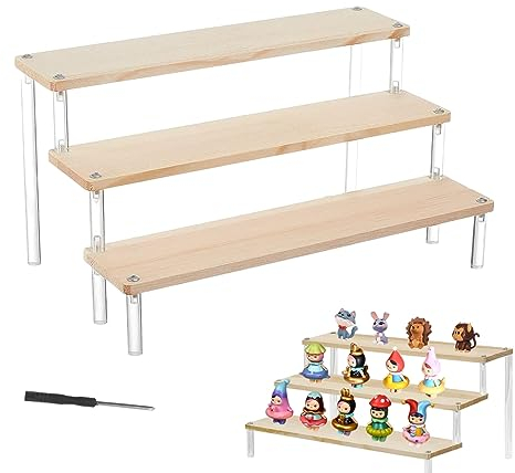 HAOMEEDUO Holz Acryl Riser Display Ständer 3-Stufig Acryl Display Ständer Holz Holzregal Display 3 Tier Regal Organisator Tischregal für Figuren Schmuck Cupcake Dessert Lippenstift Gewürz (30x16x7cm)
